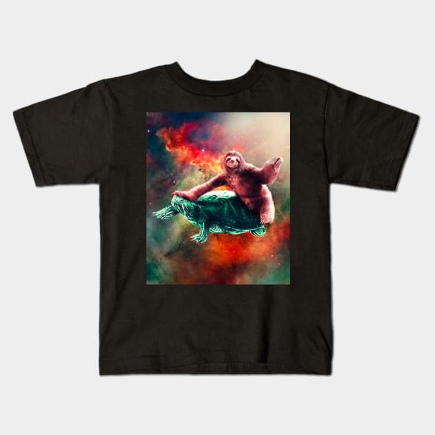 Funny Space Sloth Riding On Turtle Kids T-Shirt by Random Galaxy